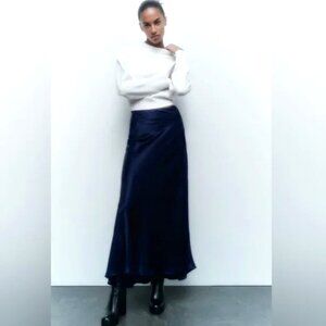 Zara Navy Satin Midi Skirt Size XL
